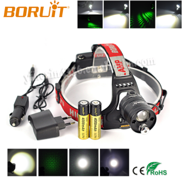 Boruit RJ-2151 Rechargeable 3 Mode LTS LED Zoomable White and Green Laser LED Headlamp