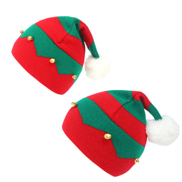Red and Green Knitted Hat with Bells - Christmas Beanie for Men and Women