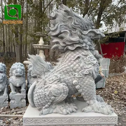 Large Outdoor Gray Marble Chinese Kylin Sculpture