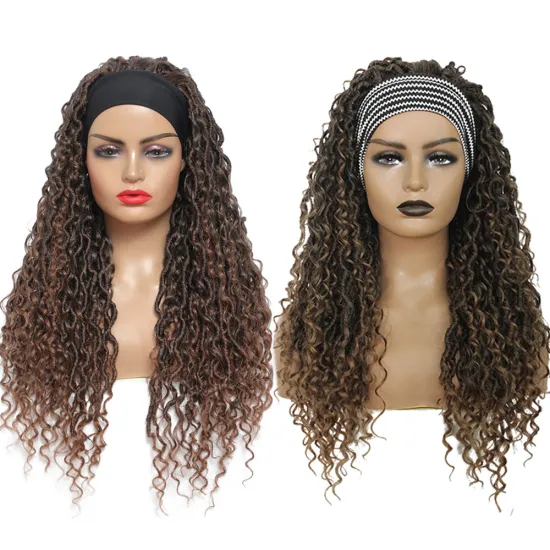 Ombre Brown Braided Headband Wigs 26 inch Curly Faux Locs Braids Wig Head Band for Black Women Synthetic Hair wigs