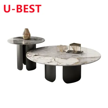 Modern U-Best Italian Style Marble Top Coffee Table with Ash Black Steel Base