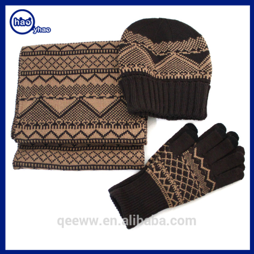 2016 Hot sale custom acrylic winter warm knitted scarf and hat sets wholesale jacquard hats scarves and touch sceen gloves sets