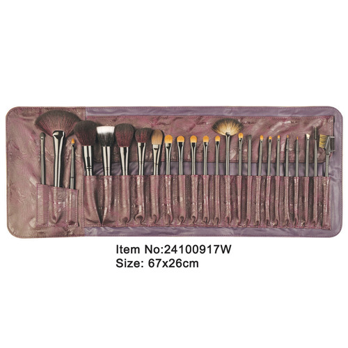 24pcs black plastic handle animal/nylon hair makeup brush tool set with printed kermes PU case