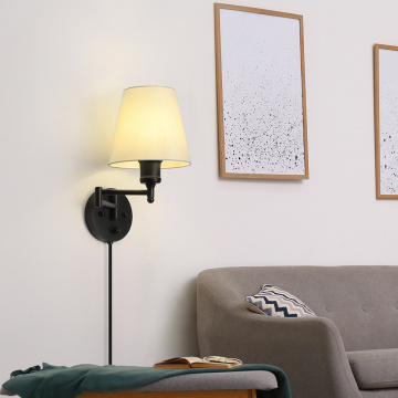 Swing Arm Wall Lamp with White Fabric Lampshade