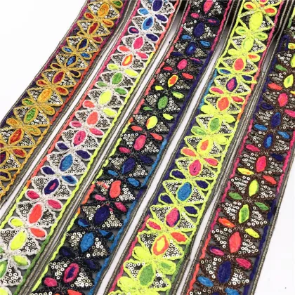 Sparkle Colorful Sequin Fabric, Brushy Space Dye Thread, Embroidery Floral Polyester Trimming for Garments and Clothing