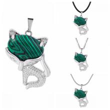 Malachite Luck Fox Necklace for Women Men Healing Energy Crystal Amulet Animal Pendant Gemstone Jewelry Gifts