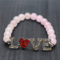 Pulsera de piedras preciosas elástica y cuentas redondas de cuarzo rosa de 8 mm con pieza de amor Diamante