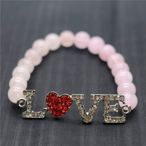 Rose Quartz 8MM Round Beads Stretch Gemstone Bracelet with Diamante Love Piece