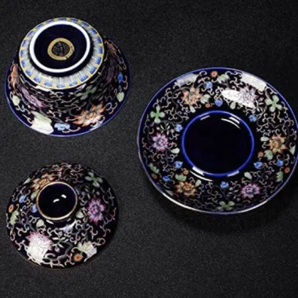 blue gold wrapped branches flowers Enamel painted pottery