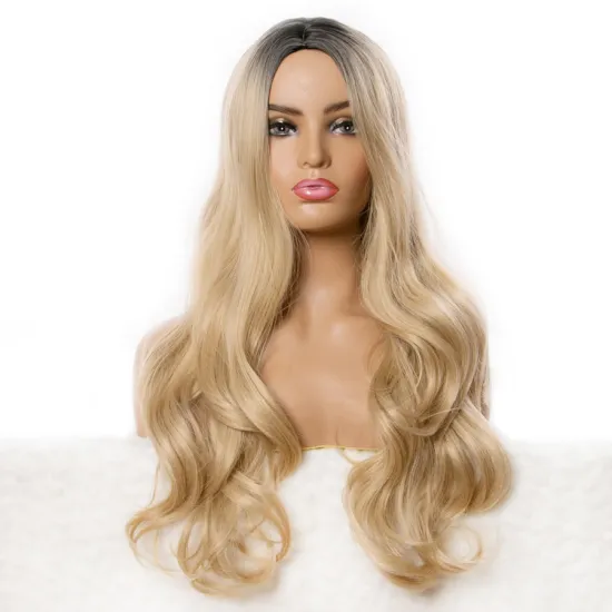 Ombre 28 Inch Synthetic Black Ombre Blonde Female Daily Party Heat Resistant False Hair Blonde Wavy Wigs For Women