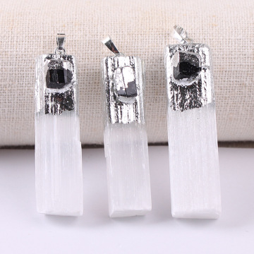 Black Tourmaline Tumbled Silver White Selenite Crystal Gypsum Pillar Pendant for DIY Making Jewelry