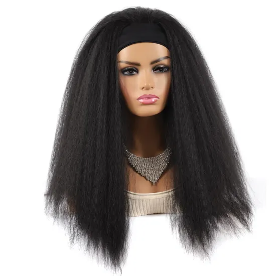 Wholesale Long Straight Natural Black Turban Wigs Deep Curl Wigs Heat Resistant Synthetic Wig With Headband Attached For Women