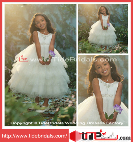 Ball Gown Organza Empire Tiered White Appliques Flower Girl Dress (714)