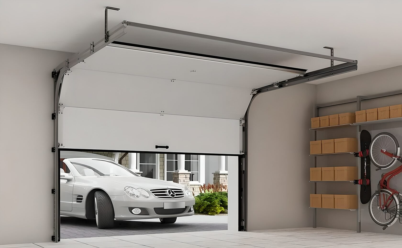 JBDHOME aluminum roller shutter garage door installed on a modern residential garage