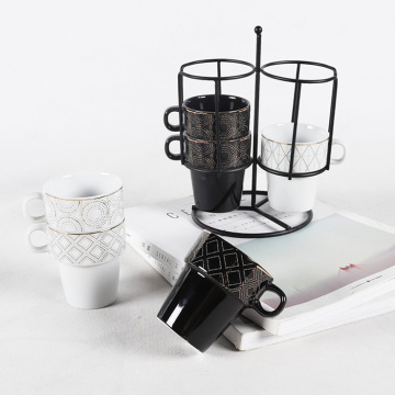 Custom Printed Gold Line Six-Piece Cup and Mug Set with Iron Stand