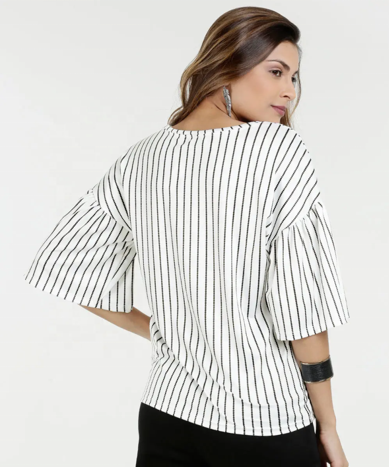 Women Black Strips O-Neck Half Sleeve Blouse