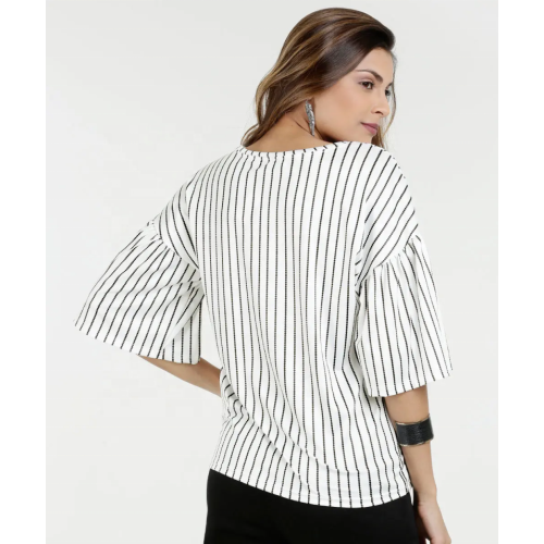 Damen Schwarze Streifen O-Neck Halbarmbluse
