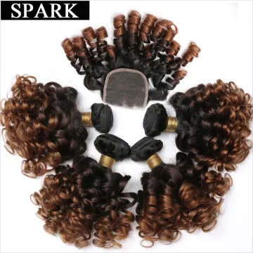 Spark 10A Ombre Bundles with Closure Brazilian 1b/4/30 Ombre Human Hair Bouncy Curly Bundles with 4x4 Lace Closure Short Curly