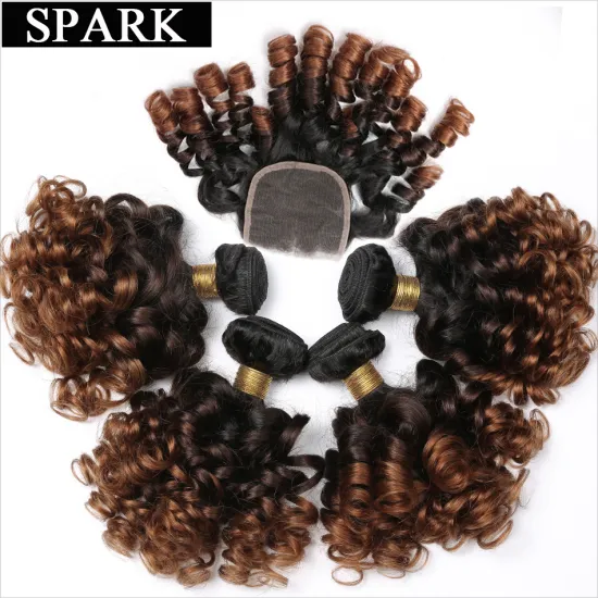 Spark 10A Ombre Bundles with Closure Brazilian 1b/4/30 Ombre Human Hair Bouncy Curly Bundles with 4x4 Lace Closure Short Curly