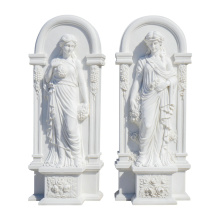 Carved White Marble Statues Pair Floral Alcove Decor