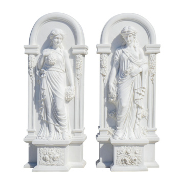 Carved White Marble Statues Pair Floral Alcove Decor