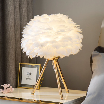 Romantic Girly Gold Tripod Table Lamp with Feather Decor