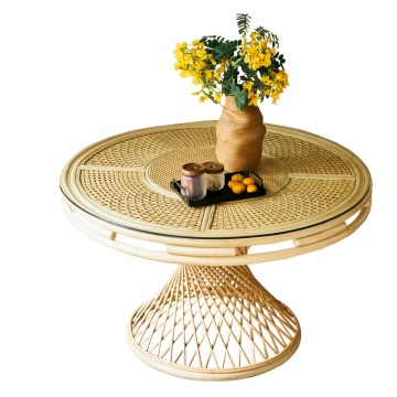 Woven Rattan Cane Glass Top Round Dining Table