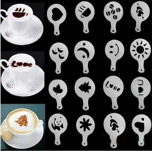 16Pcs/Set New Cappuccino Coffee Barista Stencils Template Strew Pad Duster Spray Tools Lovely Coffee Mould