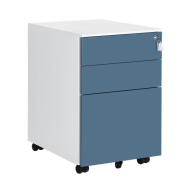 39cm Wide White Blue Metal Rolling Vertical 3-Drawer Steel Cabinet with Lock - Portable Office Pedestal for Storage