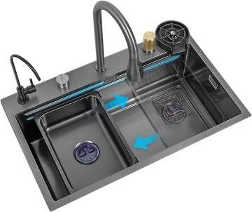 Modern Undermount Multifunction Stainless Steel 304 Waterfall Bowl Kitchen Sink with Nano Black Digital Display Faucet