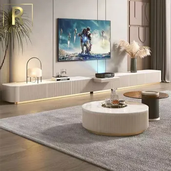 Modern Ultra-long Rock Panel TV Cabinet Tea Table Combination with Storage and Luxury Lighting