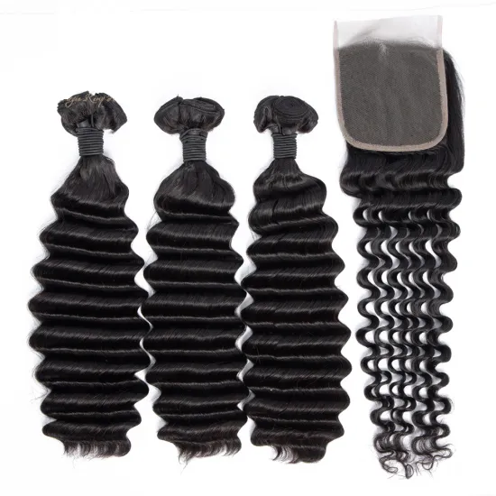 Cheap 100% Brazilian Human Hair Virgin Remy Cuticle Aligned Double Drawn Fumi Deep Wave Curly Bundles with Closure