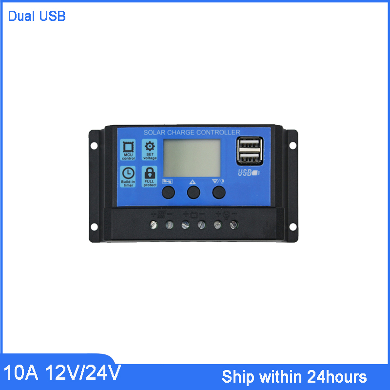 LONGLINE 24V/12V Auto Solar Battery Charge Controller 10A PWM LCD Display Solar Collector Regulator with Dual USB Output