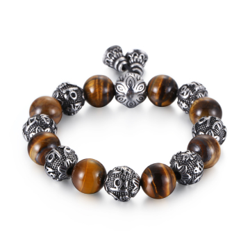KALEN Fashion Tiger Eye Stainless Steel Bead Bracelet for Men