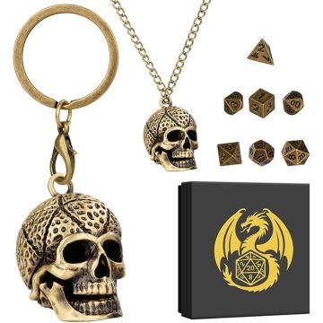 Mini DND Dice Set with Skull Head Metal Cage Portable Keychain Necklace, Tiny 7pcs Polyhedral Dice Set in Skeleton Necklace