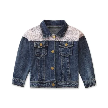 denim jacket kids blue stitching leopard print lapel jacket denim jacket for girls