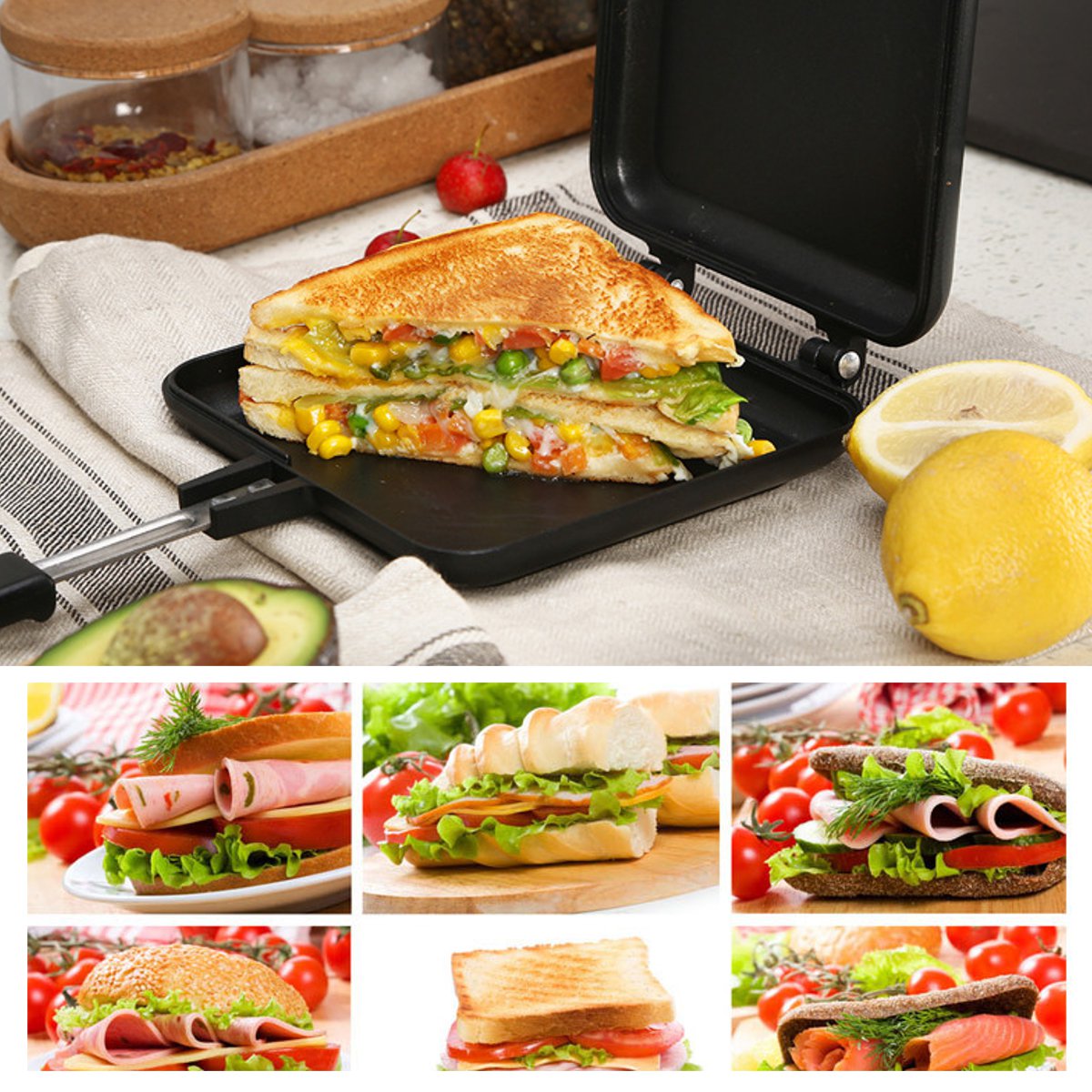 Double-Side Non-Stick Sandwich Maker Bread Toast Breakfast Machine Waffle Pancake Baking Barbecue Oven Mold Grill Frying Pan