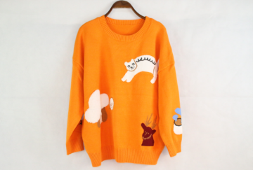 Orange Round Neck Loose Animal Print Knitted Sweater