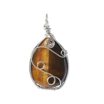 Yellow Tiger Eye Stone 25x35MM Teardrop Pendant (28X50MM) Wrapped Steel Wire Keychain