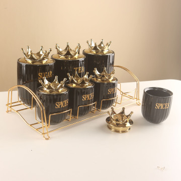 7 Piece Color Glazed Ceramic Kitchen Canister Set with Stainless Steel Rack