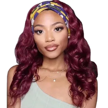 Cheap mixed color burgundy hair headband wig Long body wave synthetic headband Non lace wigs Synthetic hair wigs for black women