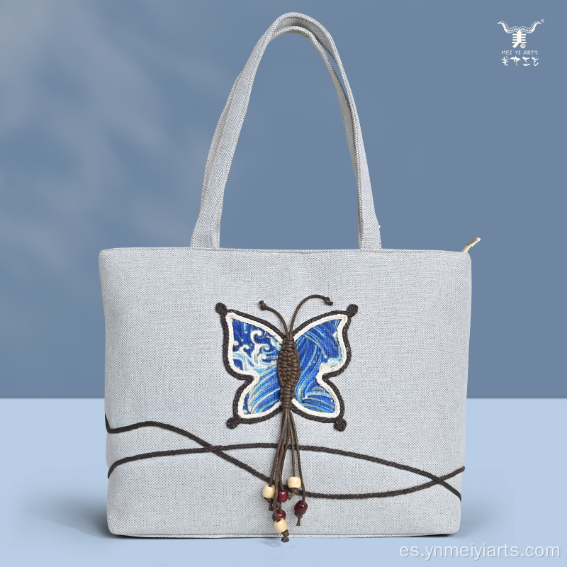 Elegante bolso de hombro de lino con mariposas coloridas para mujer