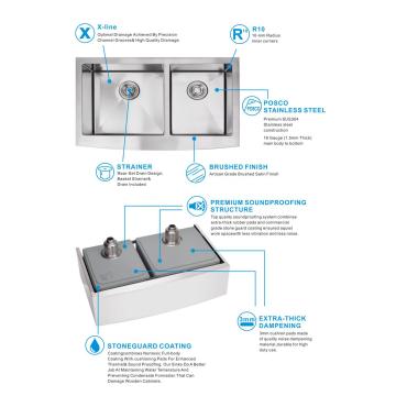 Tablier à double bol en acier inoxydable Évier de cuisine à la main