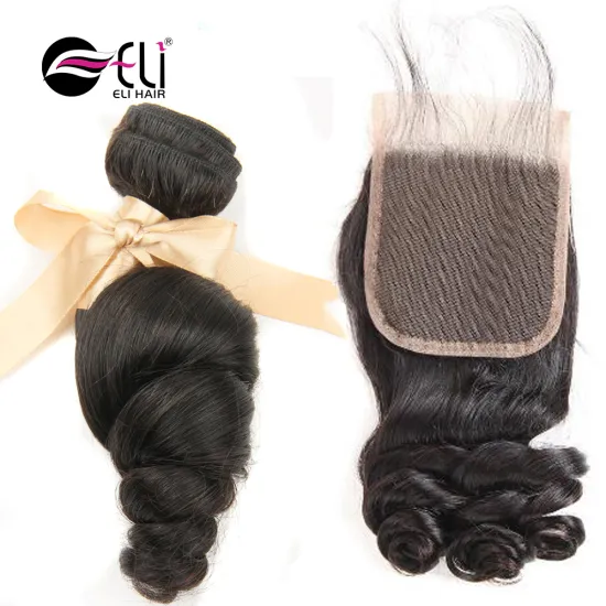 Brazilian Loose Wave Bundles with Closure Loose Wave Lace Closure 4 X 4 inch Free Part Closure with Human Hair Bundles