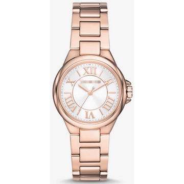Reloj de pulsera de cuarzo para mujer con números romanos de acero inoxidable en oro rosa de 33 mm