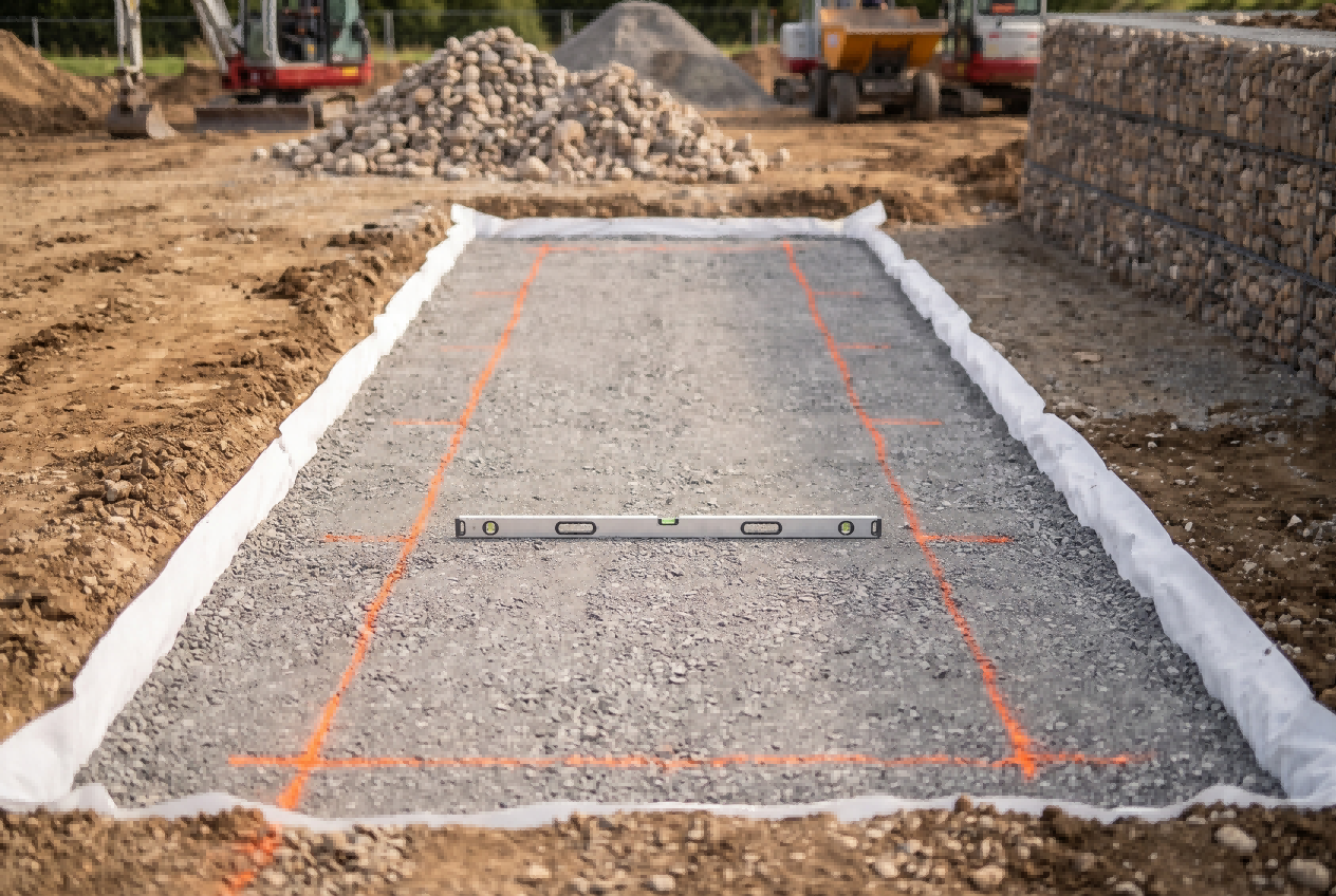 ANJIA Group prepared gabion foundation with compacted gravel base and geotextile fabric