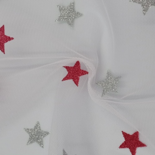 Tessuto a rete in poliestere con glitter rosso argento stella