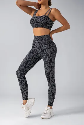 High Waist Leopard Jacquard Tights - Workout Active Apparel Fitness Gym Leggings