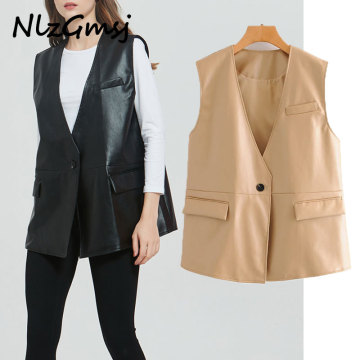 Nlzgmsj za Women 2020 Single Button Faux Leather Waistcoat Vintage V Neck Sleeveless Loose Female Vest Outerwear Chic Tops