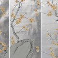 silver-gray flower bird hand-painted wallpaper